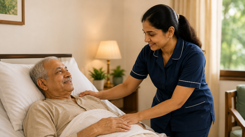 Nurse caring for bedridden patient at home in Gurgaon